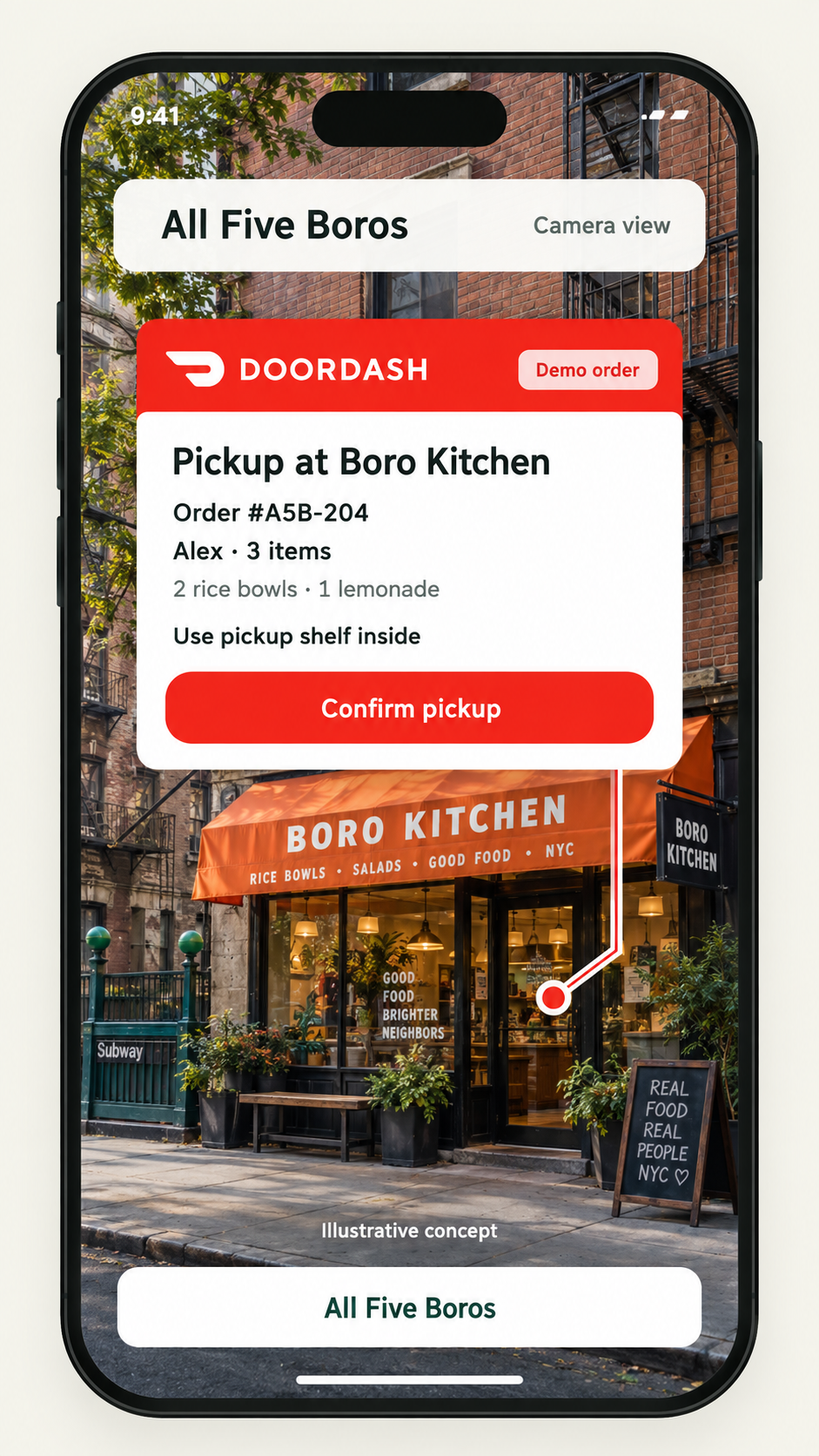All Five Boros iPhone concept: Put order details and entrance instructions at the pickup location, helping couriers identify the right door and next step.