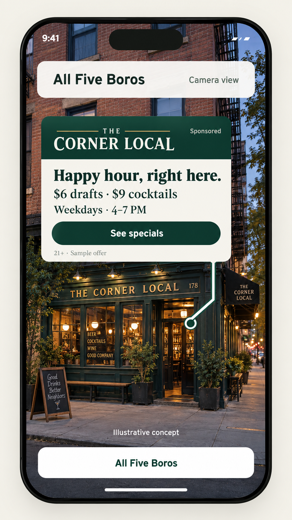 All Five Boros iPhone concept: Give nearby customers a relevant reason to visit with branded offers connected to your venue and clearly labeled as advertising.