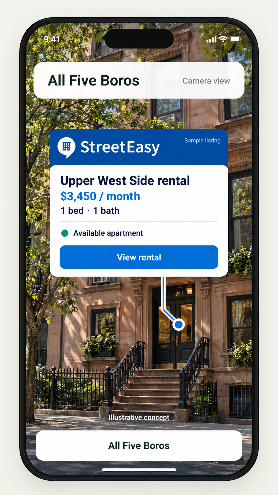 All Five Boros iPhone concept: Show prospective renters what is available where they are looking, then connect them to the listing or inquiry flow.