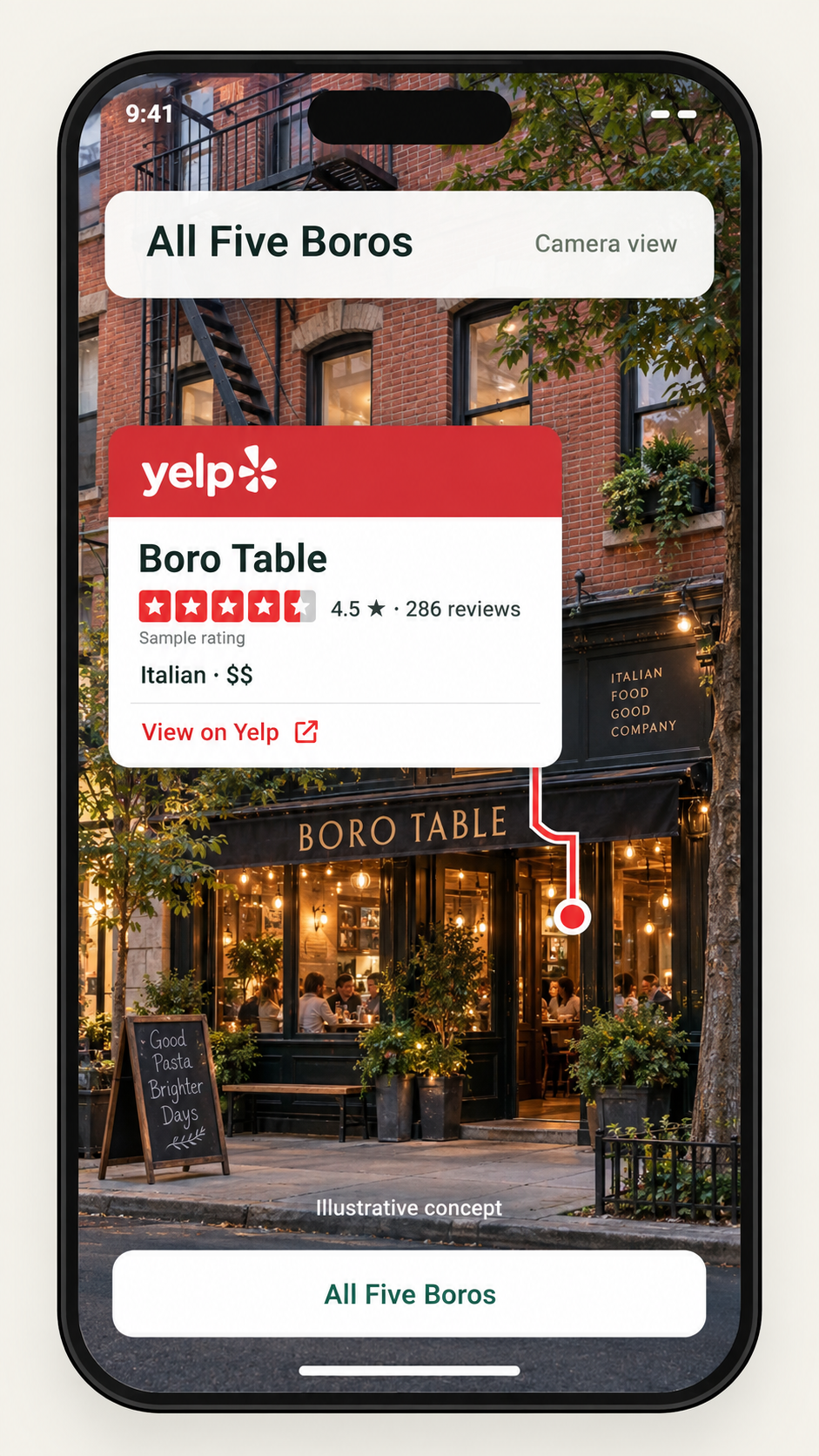 All Five Boros iPhone concept: Bring reviews and restaurant details into the street view, with a clear path to your discovery or reservation experience.