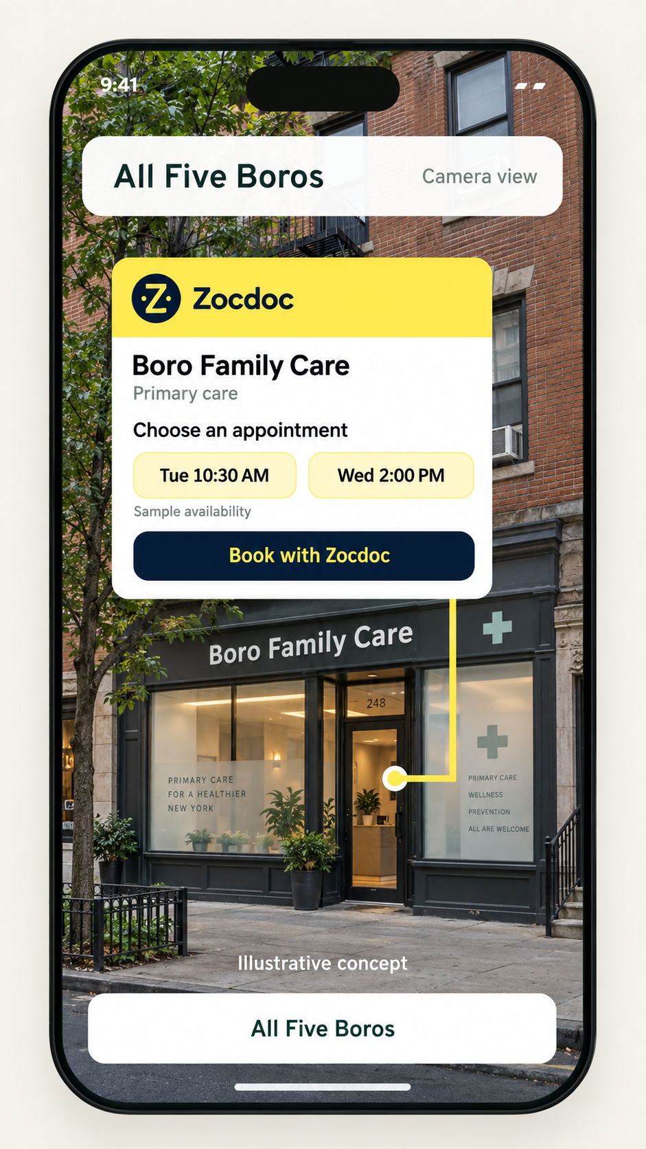 All Five Boros iPhone concept: Help people identify your practice and move from the office storefront into your appointment-booking experience.